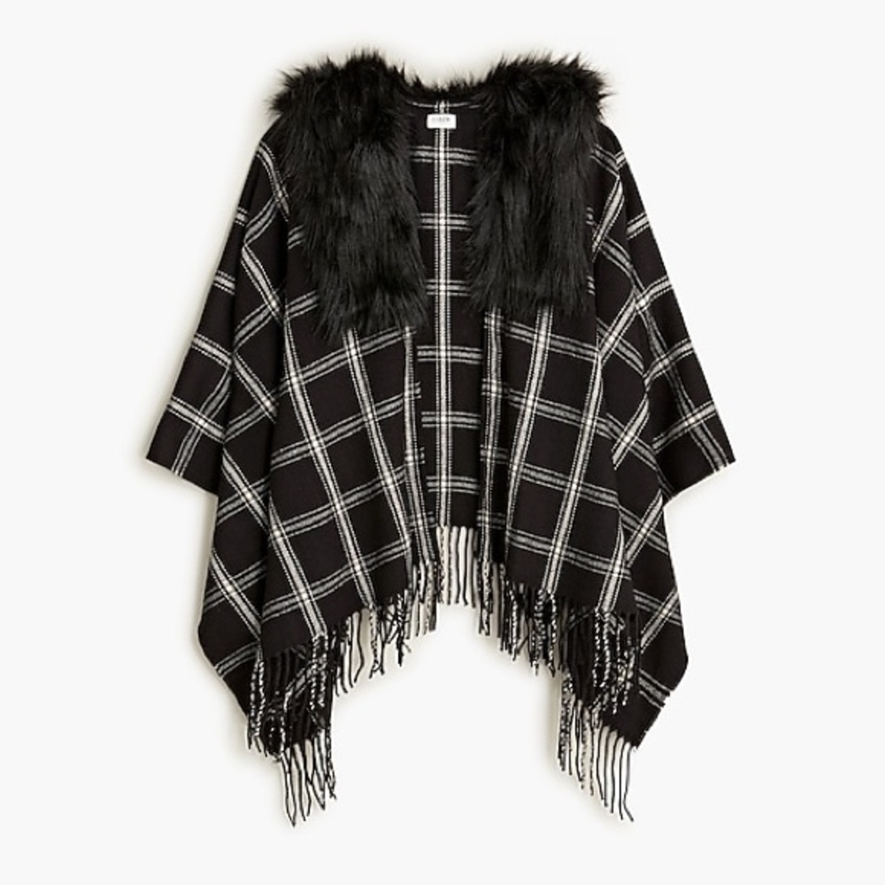 J. Crew Plaid Black and White Faux Fur Cape with Fringe NWT
